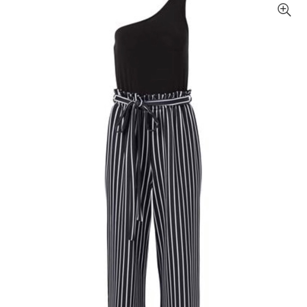 Venus-one shoulder black white striped belted romper